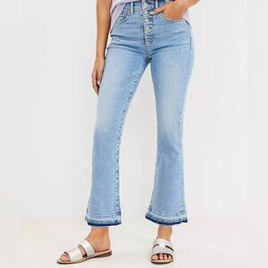 Loft Let Down Hem Button Front High Rise Kick Crop Jeans Vivid Light Indigo 31